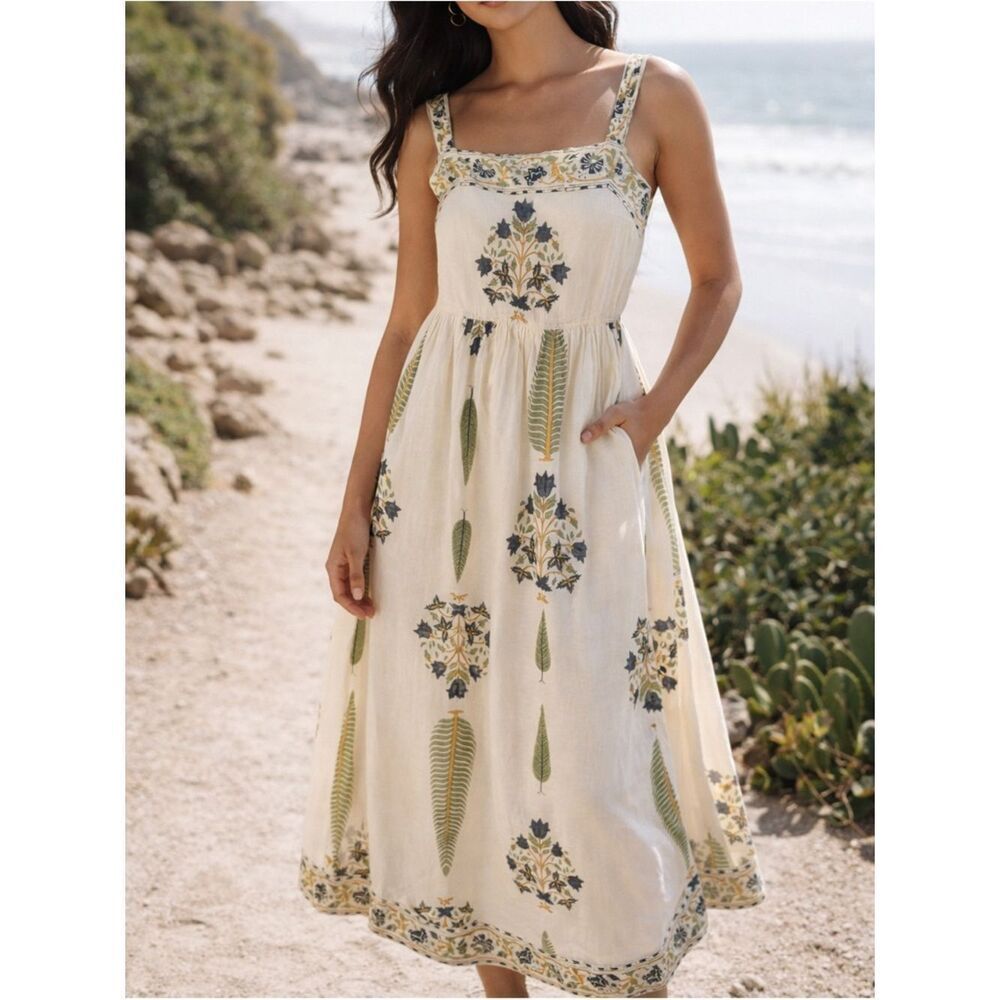 Nibi Mtk Navy Victorian Cream Floral Printed Maxi Sundress with Straps Size L